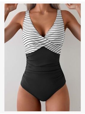 NWT Black White Striped One Piece Swimsuit Ruched Tummy Control V Neck Slimming